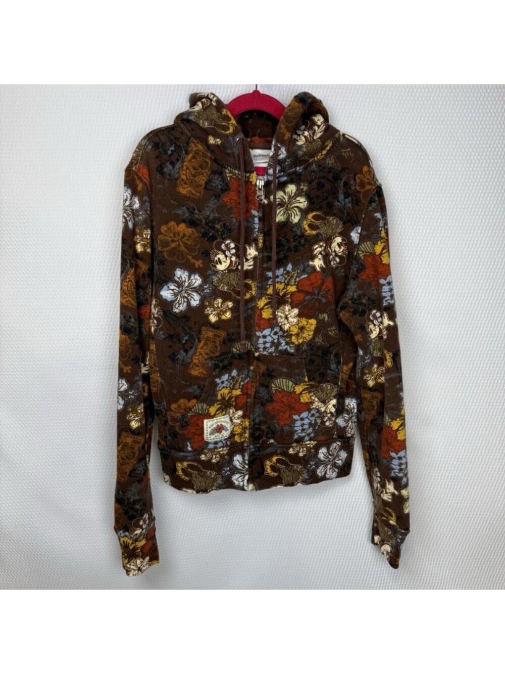 Walt Disney World Surf Co Floral Hoodie XS Brown Hawaiian Mickey Minnie Zip